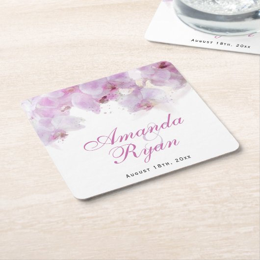 ピンクオーキッドウォーターカラーフラワー結婚ズ スクエアペーパーコースター (アングル)