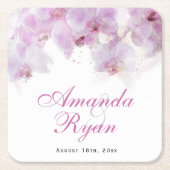 ピンクオーキッドウォーターカラーフラワー結婚ズ スクエアペーパーコースター (正面)