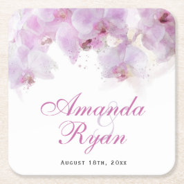 ピンクオーキッドウォーターカラーフラワー結婚ズ スクエアペーパーコースター