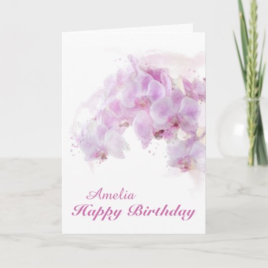 ピンクオーキッドウォーターカラーフラワー誕生日 カード (正面)