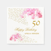 ピンクオーキッドウォーターカラー金ゴールドグリッター50誕生日 スタンダードカクテルナプキン (正面)