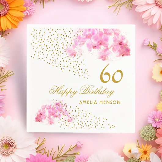 ピンクオーキッドウォーターカラー金ゴールドグリッター60誕生日 スタンダードカクテルナプキン