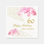 ピンクオーキッドウォーターカラー金ゴールドグリッター60誕生日 スタンダードカクテルナプキン (正面)
