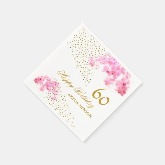 ピンクオーキッドウォーターカラー金ゴールドグリッター60誕生日 スタンダードカクテルナプキン (角)