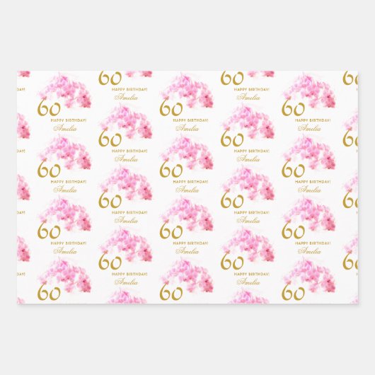 ピンクオーキッドウォーターカラー金ゴールドグリッター60誕生日 ラッピングペーパーシート (正面3)