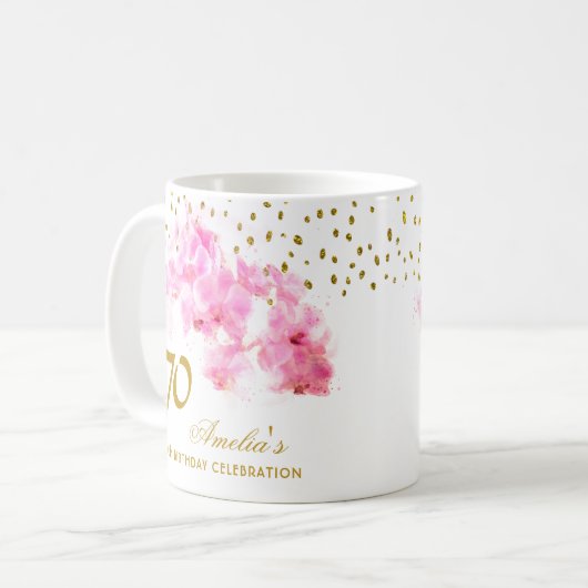 ピンクオーキッドウォーターカラー金ゴールドグリッター70誕生日 コーヒーマグカップ (正面左)