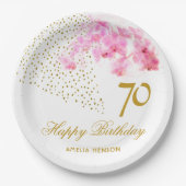 ピンクオーキッドウォーターカラー金ゴールドグリッター70誕生日 ペーパープレート (正面)