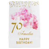 ピンクオーキッドウォーターカラー金ゴールドグリッター70誕生日 ミディアムペーパーバッグ (裏面)