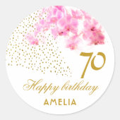 ピンクオーキッドウォーターカラー金ゴールドグリッター70誕生日 ラウンドシール (正面)