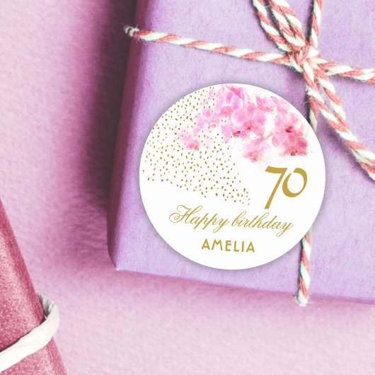 ピンクオーキッドウォーターカラー金ゴールドグリッター70誕生日 ラウンドシール