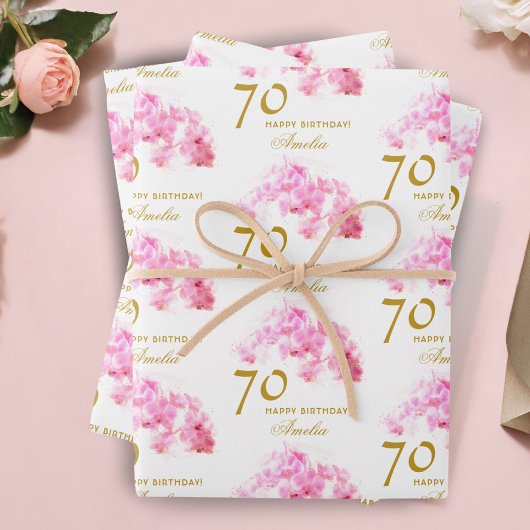 ピンクオーキッドウォーターカラー金ゴールドグリッター70誕生日 ラッピングペーパーシート