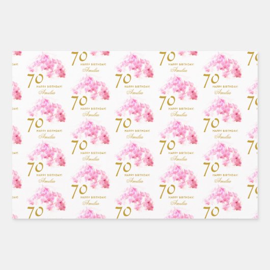 ピンクオーキッドウォーターカラー金ゴールドグリッター70誕生日 ラッピングペーパーシート (正面)