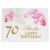 ピンクオーキッドウォーターカラー金ゴールドグリッター70誕生日 ラージペーパーバッグ (正面)