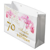 ピンクオーキッドウォーターカラー金ゴールドグリッター70誕生日 ラージペーパーバッグ (正面アングル)