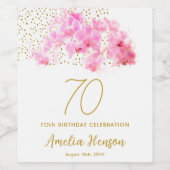 ピンクオーキッドウォーターカラー金ゴールドグリッター70誕生日 ワインラベル (シングルラベル)