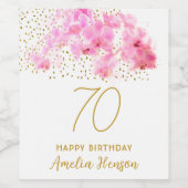 ピンクオーキッドウォーターカラー金ゴールドグリッター70誕生日 ワインラベル (シングルラベル)