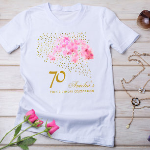 ピンクオーキッドウォーターカラー金ゴールドグリッター70誕生日 Tシャツ