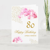 ピンクオーキッドウォーターカラー金ゴールドグリッター80誕生日 カード (正面)