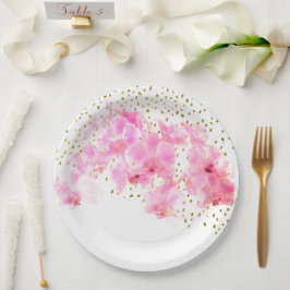 ピンクオーキッドウォーターカラー金ゴールドグリッター ペーパープレート