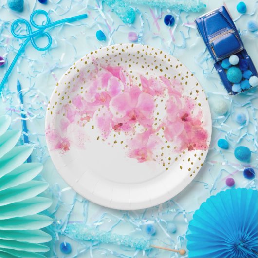 ピンクオーキッドウォーターカラー金ゴールドグリッター ペーパープレート (パーティー)