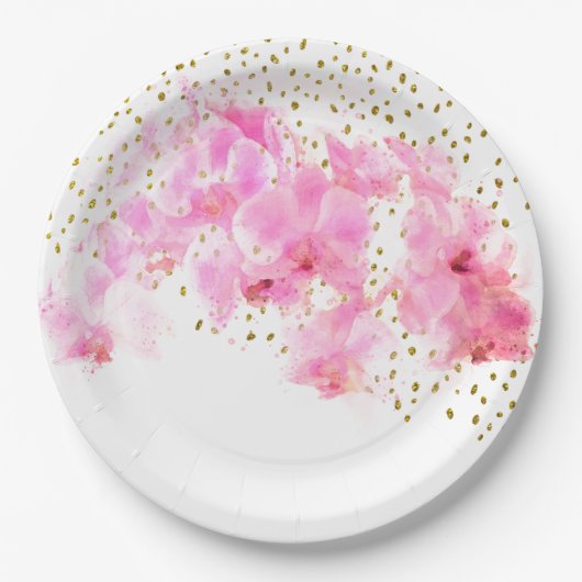 ピンクオーキッドウォーターカラー金ゴールドグリッター ペーパープレート (正面)