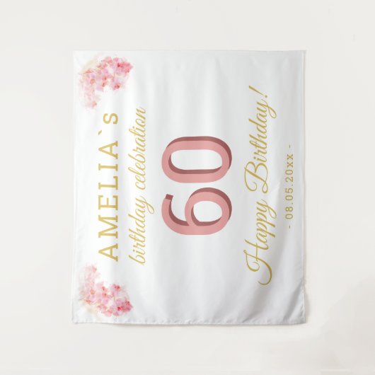 ピンクオーキッドウォーターカラー60誕生日背景 タペストリー (正面)