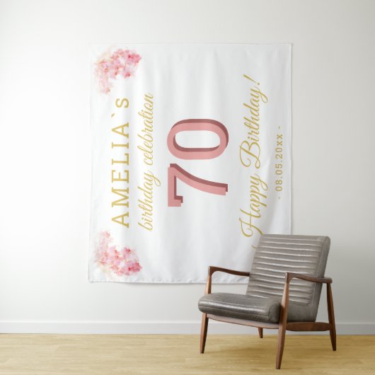 ピンクオーキッドウォーターカラー70誕生日背景 タペストリー (インサイチュ)