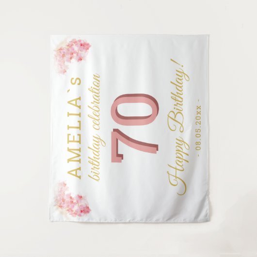 ピンクオーキッドウォーターカラー70誕生日背景 タペストリー (正面)