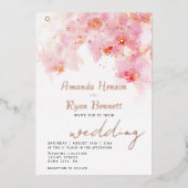 ピンクオーキッドウォーター結婚カラーフローラバラ金ゴールド 箔招待状 (正面)