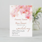 ピンクオーキッドウォーター結婚カラーフローラバラ金ゴールド 箔招待状 (立ち正面)