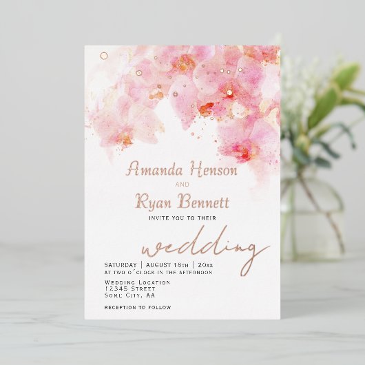ピンクオーキッドウォーター結婚カラーフローラバラ金ゴールド 箔招待状 (立ち正面)