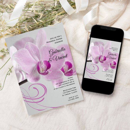 ピンクオーキッドエレガンス結婚ズリハーサルディナー 招待状