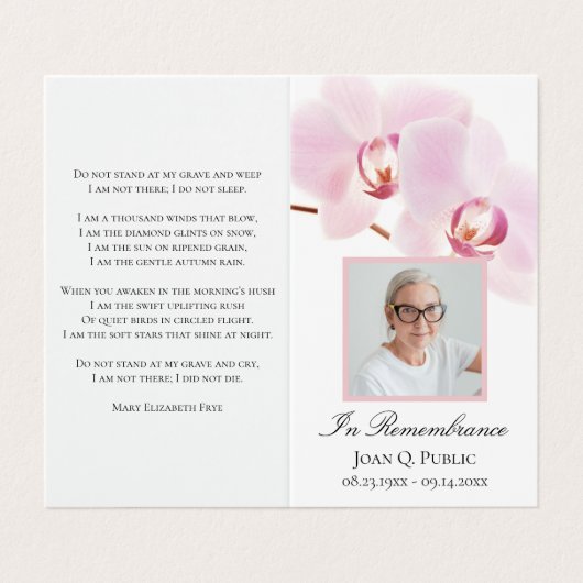 ピンクオーキッドフラワーズホワイト葬儀記念祈りの言葉 名刺 (外部フラット)