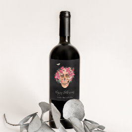 ピンクオーキッドフローラスカルパーソナライズされたハロウィーン ワインラベル