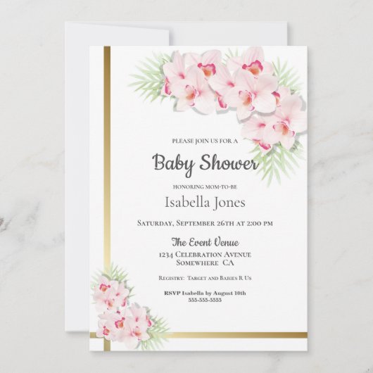 ピンクオーキッドフローラベビーシャワー 招待状 (正面)