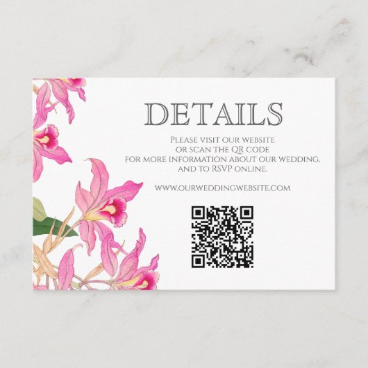 ピンクオーキッド熱帯フローラ結婚ズQR エンクロージャーカード (正面)