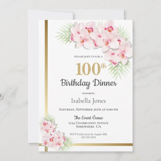 ピンクオーキッド100th誕生日ディナーパーティー 招待状 (正面)