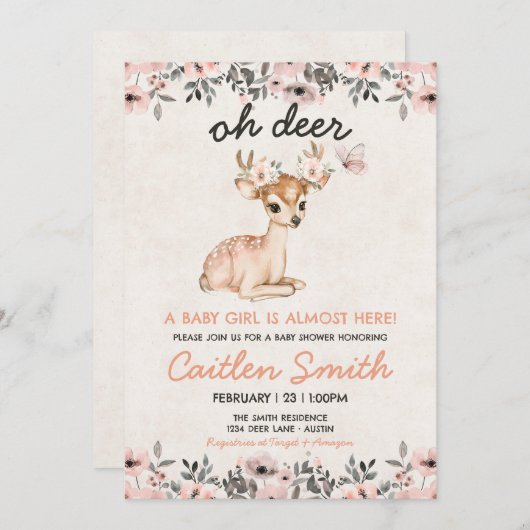 ピンクオーディアベビーシャワーフローラ招待状 招待状 (正面/裏面)