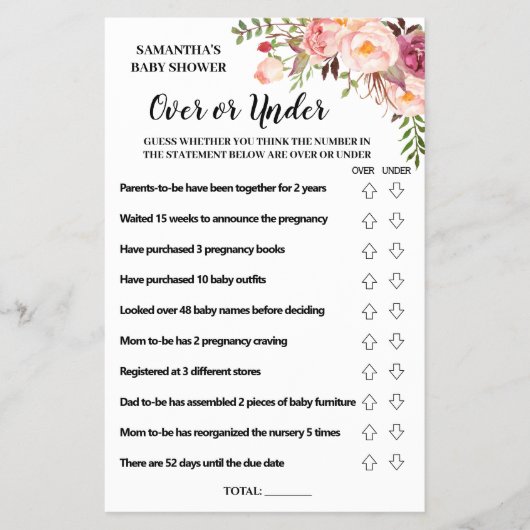 ピンクオーバーまたはベビーシャワー下バイリンガルゲームカード チラシ (正面)