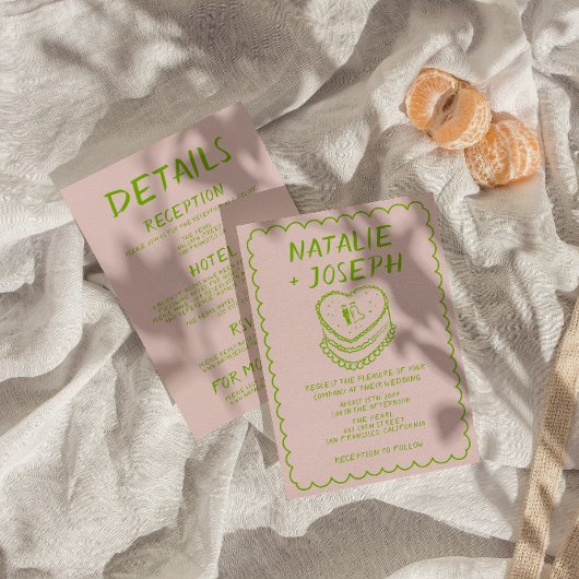 ピンクオールインワンハンド描画ケーキフレ結婚ーム 招待状