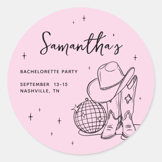 ピンクカウガールディスコ ラストロデオ バチェロレッテパーティー ラウンドシール (正面)