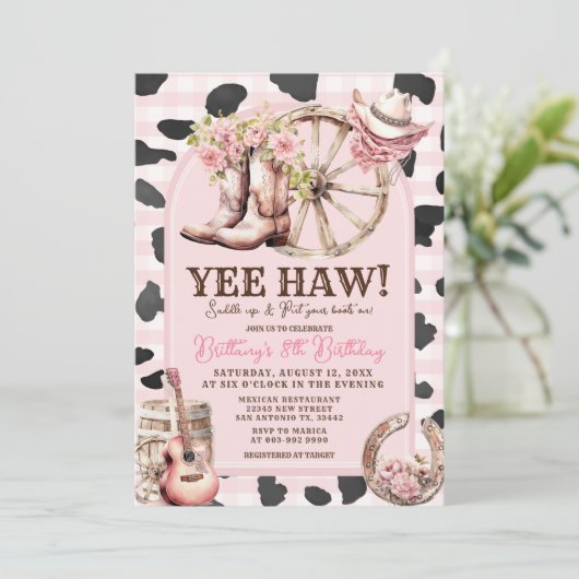 ピンクカウスキン女性のカーボーイウェスタン1歳の誕生日 招待状 (スタンド正面)