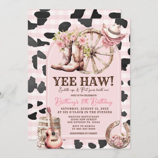 ピンクカウスキン女性のカーボーイウェスタン1歳の誕生日 招待状 (正面/裏面)