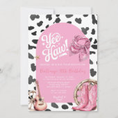 ピンクカウパターンウェスタン素朴女性のカーボーイ誕生日 招待状 (正面)