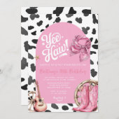 ピンクカウパターンウェスタン素朴女性のカーボーイ誕生日 招待状 (正面/裏面)