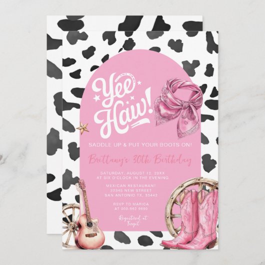 ピンクカウパターンウェスタン素朴女性のカーボーイ誕生日 招待状 (正面/裏面)