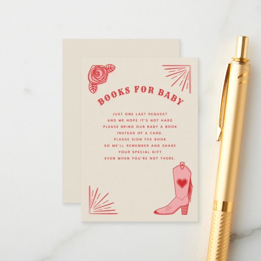ピンクカウボーイブーツ女性のカーボーイベビーシャワーブックリクエスト エンクロージャーカード (正面/裏面インサイチュ)