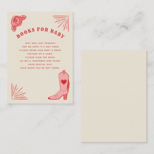 ピンクカウボーイブーツ女性のカーボーイベビーシャワーブックリクエスト エンクロージャーカード (正面/裏面)