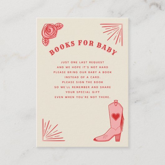 ピンクカウボーイブーツ女性のカーボーイベビーシャワーブックリクエスト エンクロージャーカード (正面)