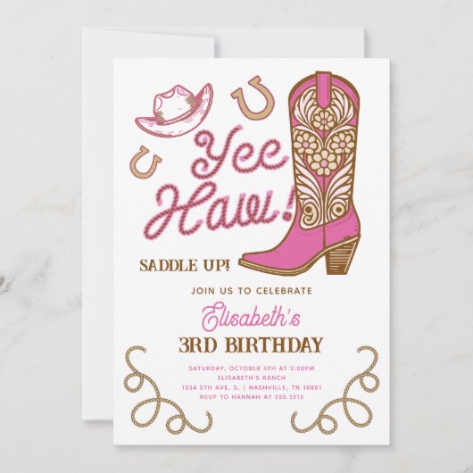 ピンクカウボーイブートイエハウロデガーリーオ誕生日 招待状 (正面)